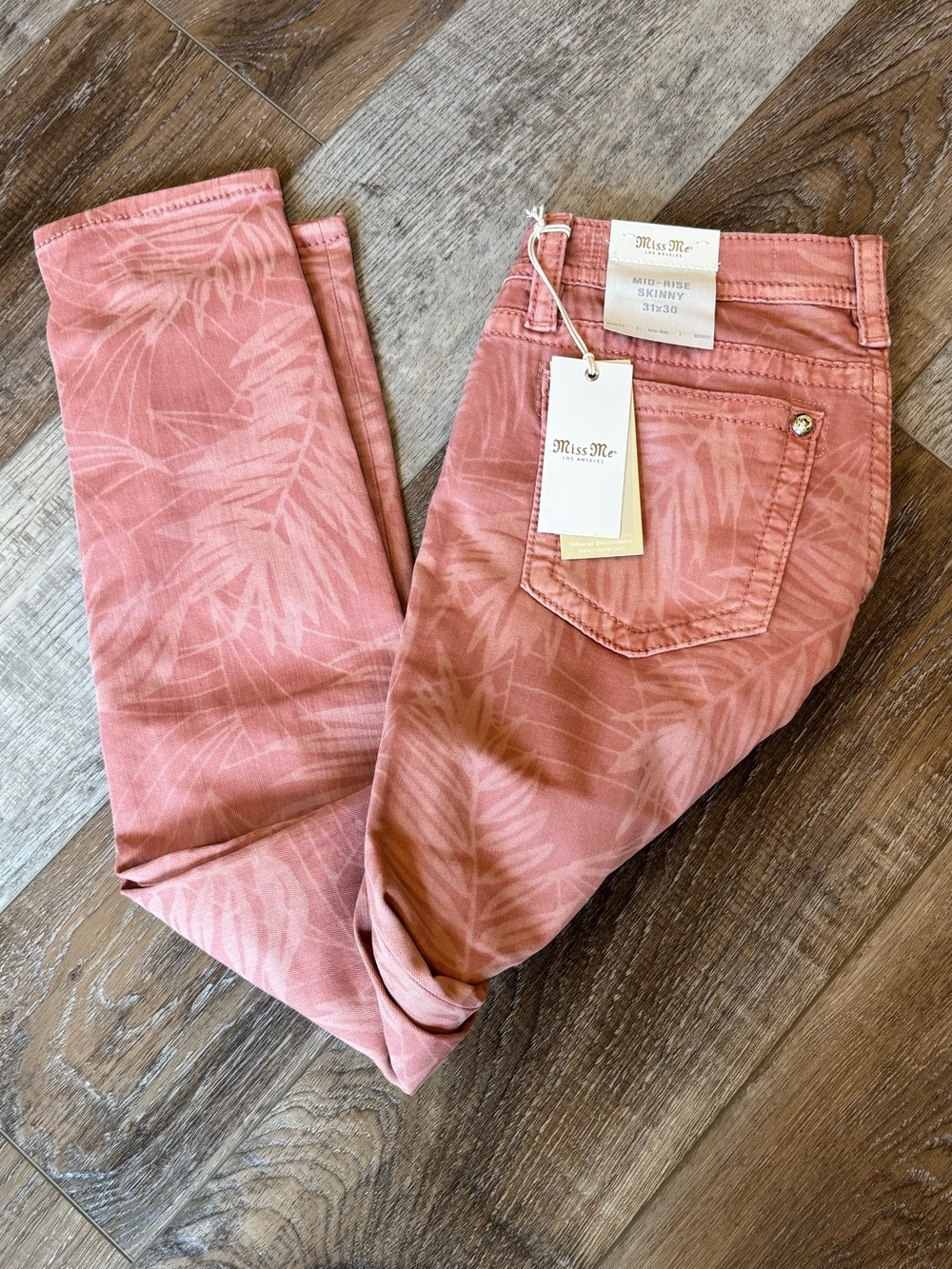 Miss Me Dusty Rose Skinny Jeans with Palm Print